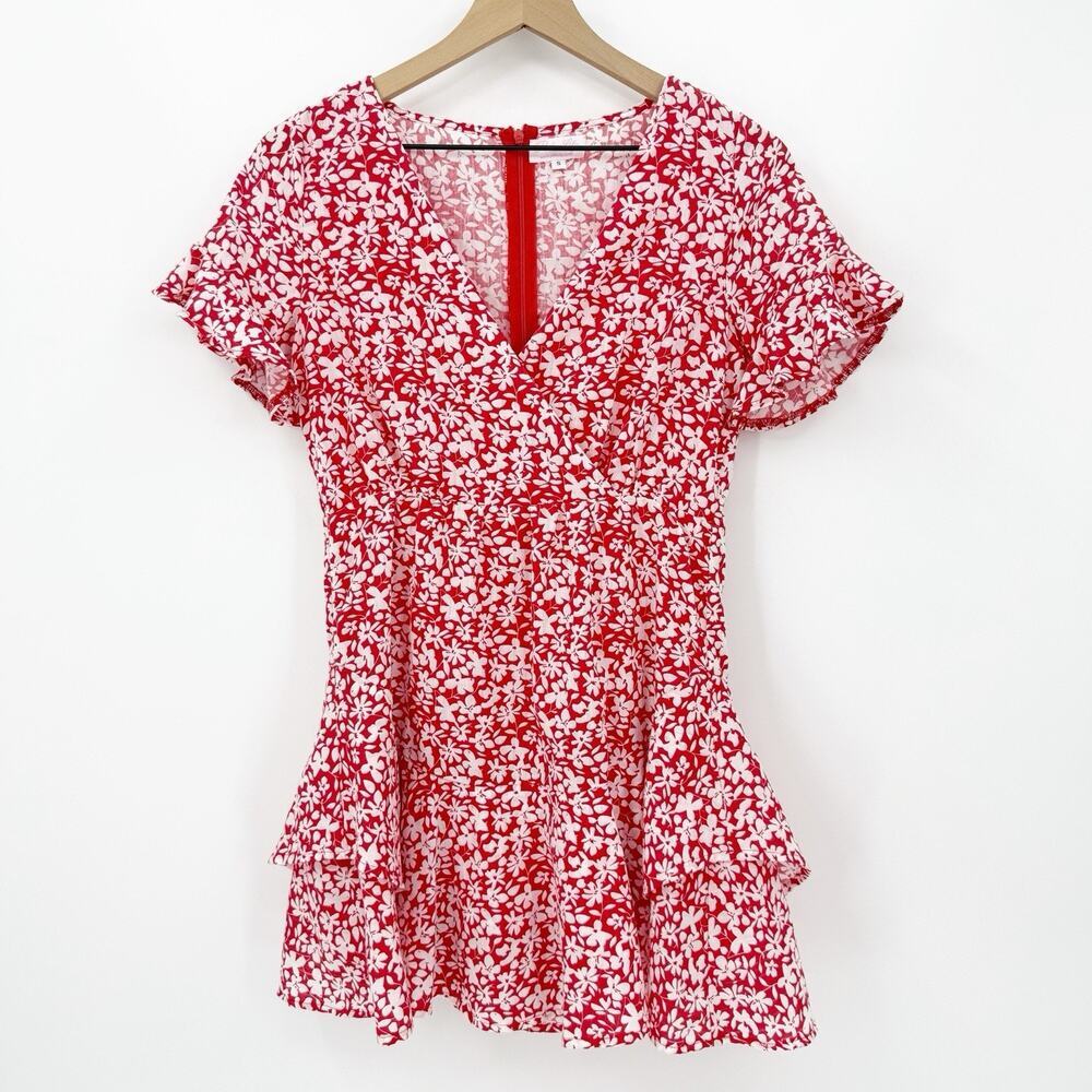 Pink Lily‎ Red White Floral Mini Dress S Ruffle Hem Girly Feminine Garden Party
